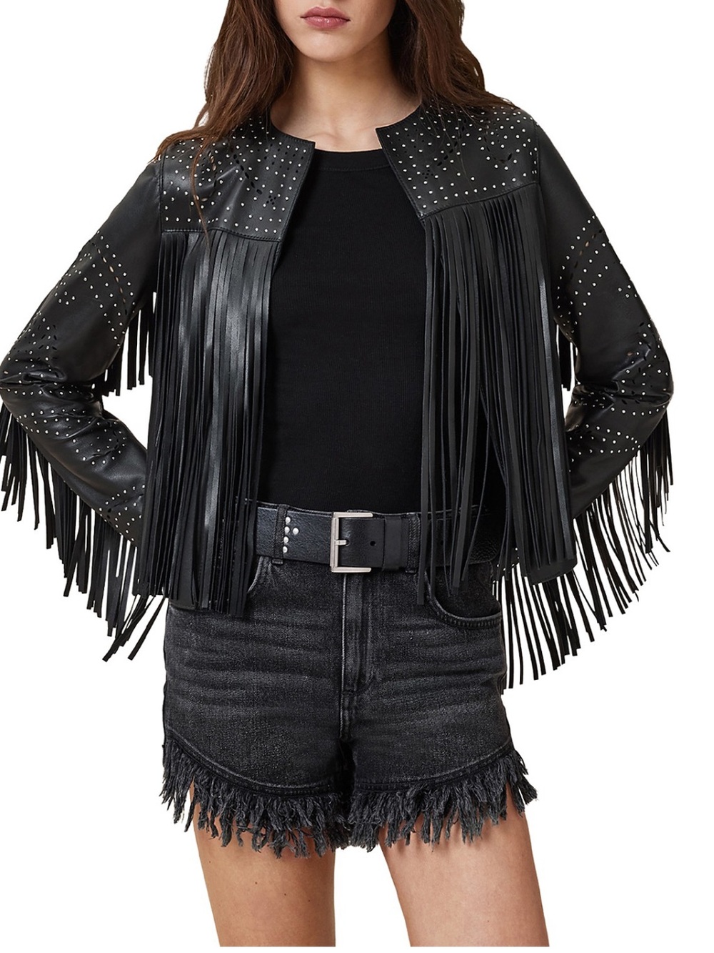 AllSaints Black Studded Fringe Leather Jacket